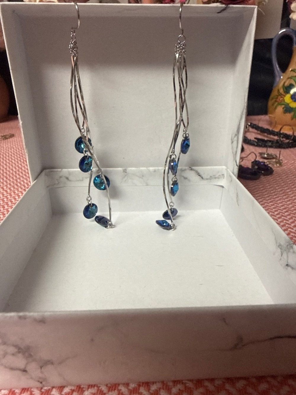 Super Shiny Blue Rain Drop Like Twisted Dangle Earrings